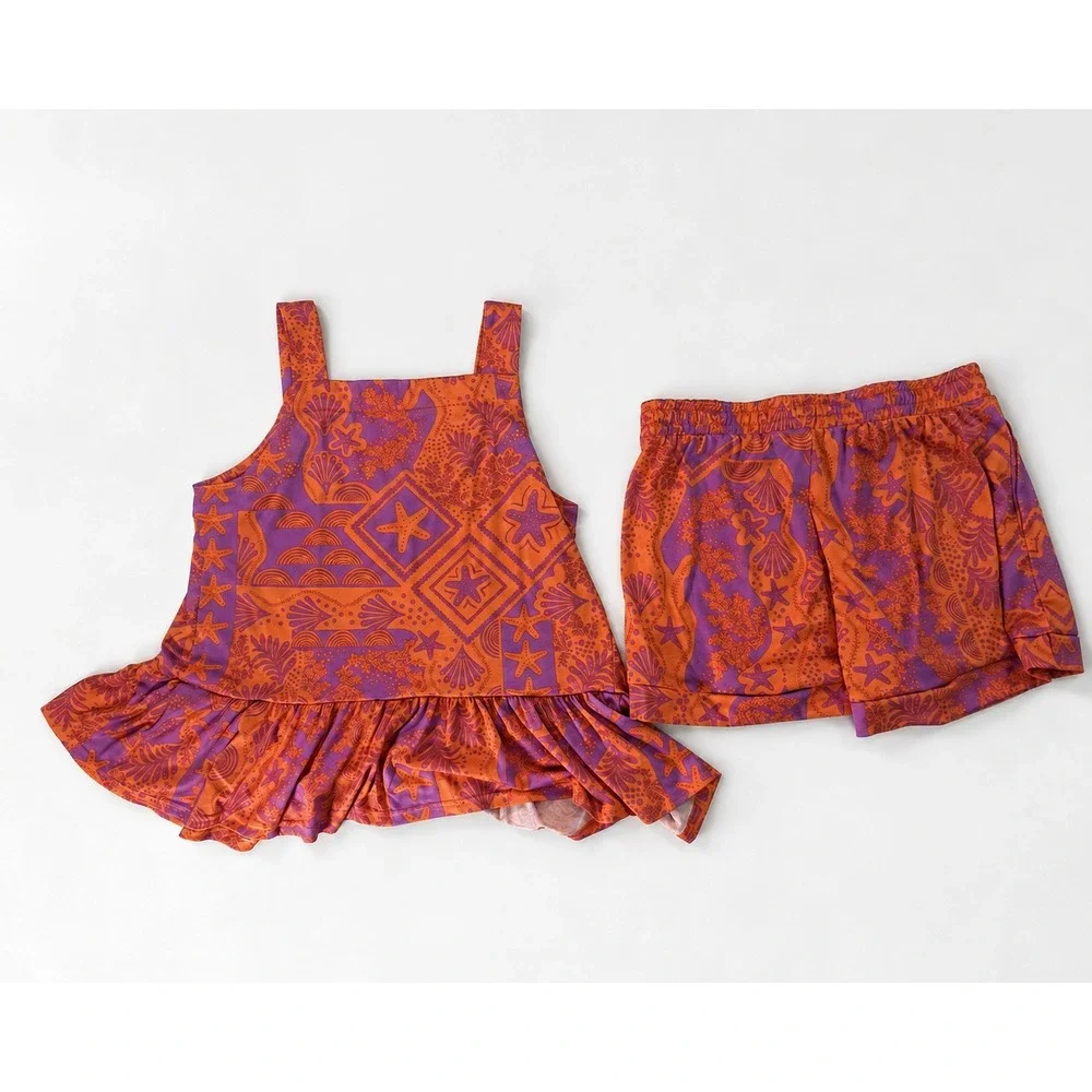 Cuddl Duds 2 Piece Coastal Print Peplum Tank Top Shorts Set Size Small